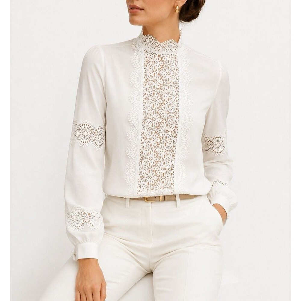 Anne Fontaine Lazuli White Lace Blouse Size 12 High Neck Embroidered Long Sleeve